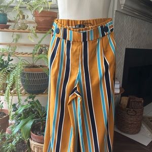 Zara turf collection wide leg pant mustard white black and teal striped colors
